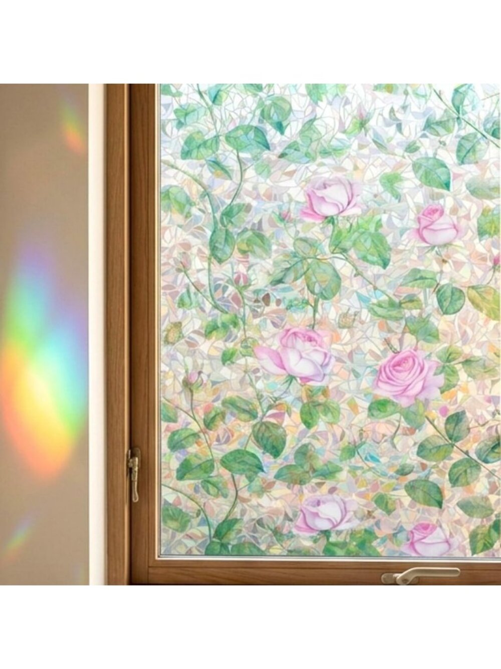 3D Pink Rose Rainbow Window Film - Stained Glass Static Cling Decor, 23.6x78.7